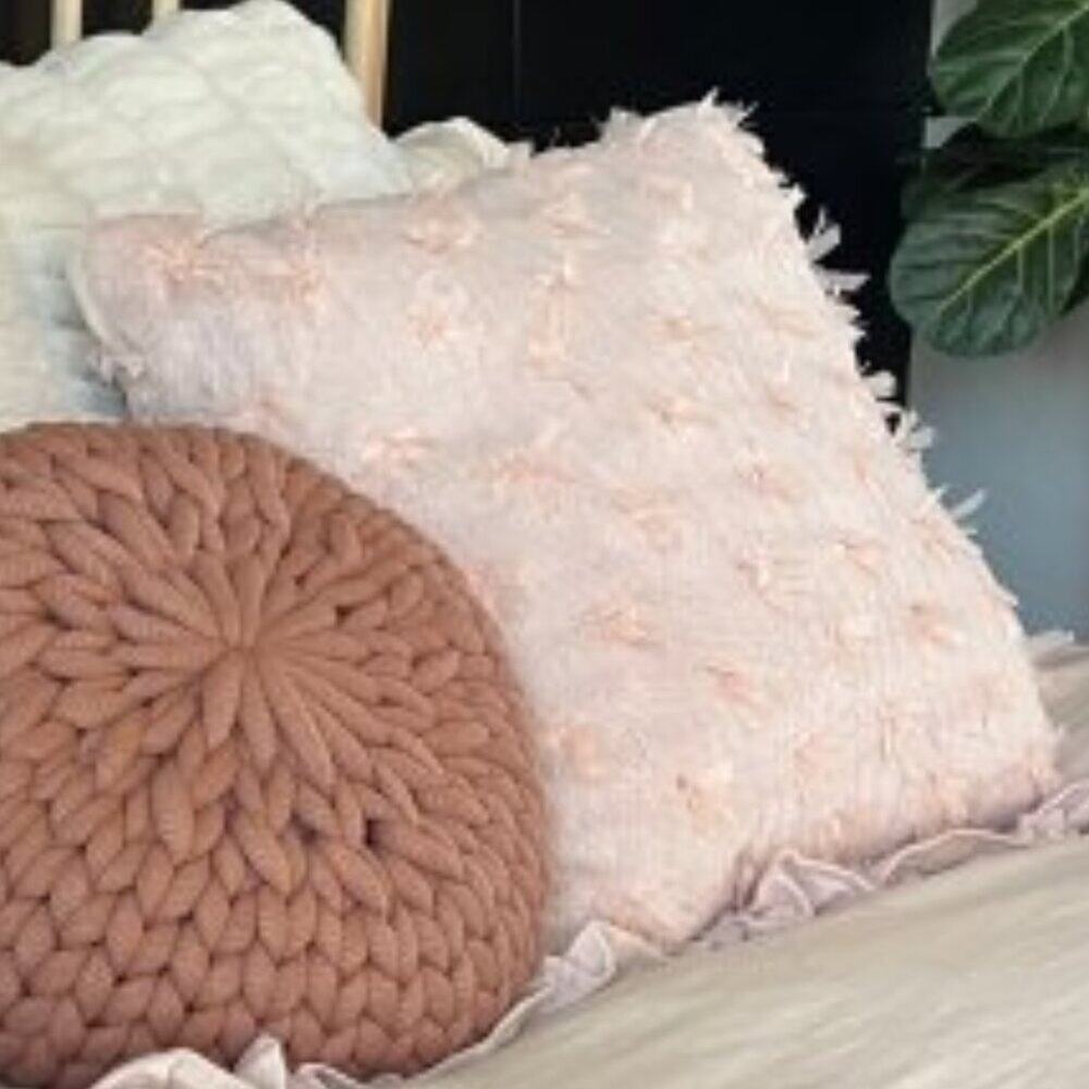 2 LoveShackFancy Pillows Sweet Bows Faux Fur Blush Pink Textured Accent NEW